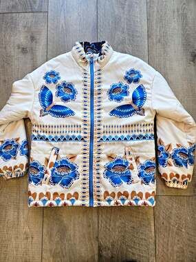 Sundayup Boho Cottagecore Whimsigoth Floral Block Print Quilted Puffer Jacket S